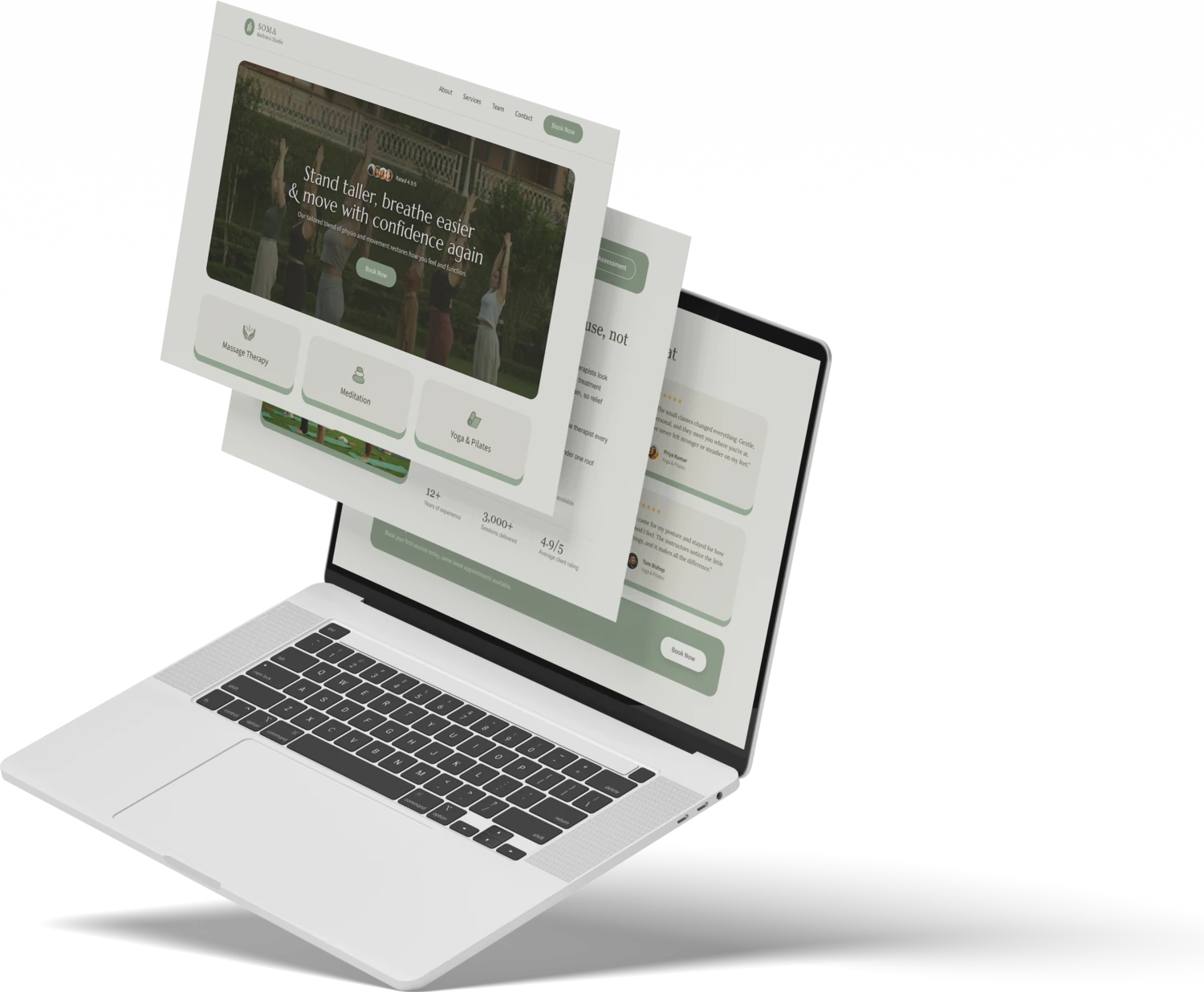 The SOMA wellness studio website shown on a laptop